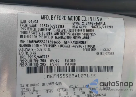 2003 Mercury Sable Ls Premium from USA, damaged, VIN 1MEFM55S23A623655